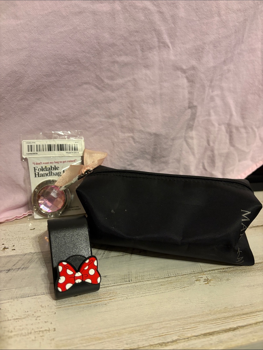 Mary Kay Black Cosmetic Pouch with pink bag table hook and backseat hook in car